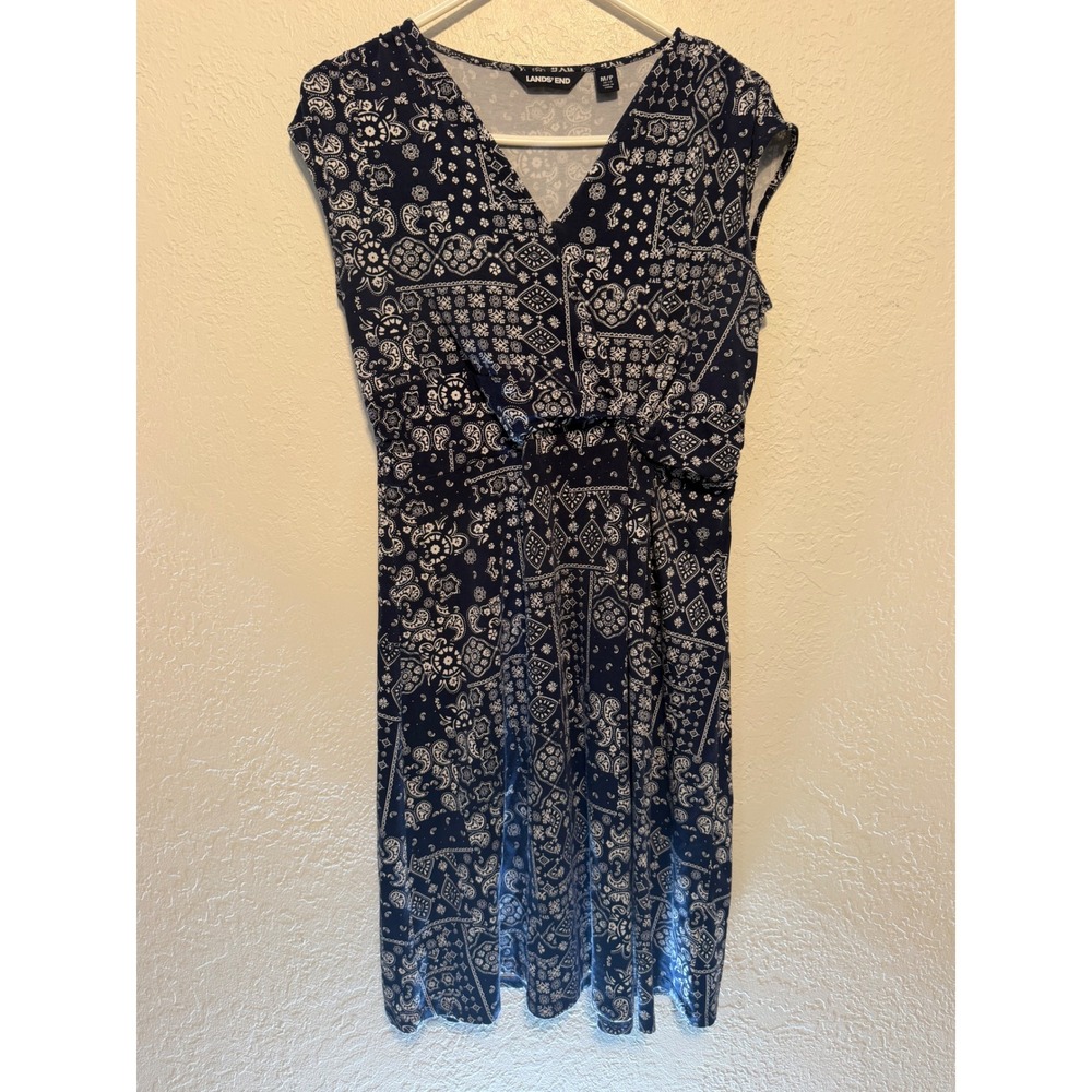 Lands End Navy White Bandana Patchwork V-Neck Dress Medium Petite 10-12